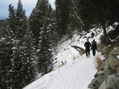 John and Dad hike out on the Ousel Falls Trail.