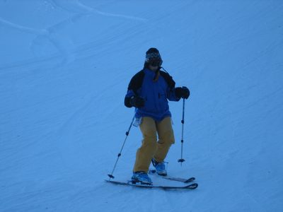 Catherine making a turn during her first day on tele skis.