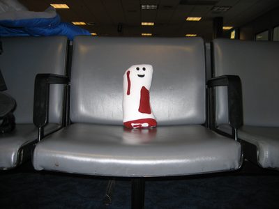 Bacon-y waits for his plane in Salt Lake City.