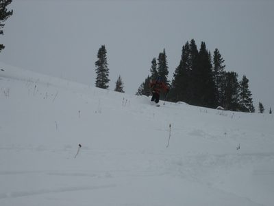 John, avoiding the weeds and logs: skiing Beehive Basin.