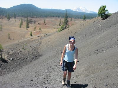 Rachel starting the hike up Cinder Cone.  Snow-covered...