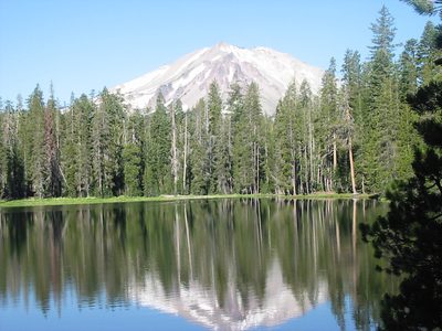 Lassen Peak, reflected in a lake.