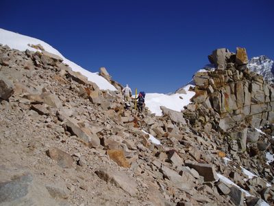 Picking our way across the talus slope on the east side...