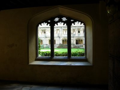 Through the mullions into the cloister courtyard