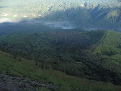 View into the foggy valley to the north.