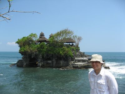 John in front of a Hindu temple on the southwest coast of Bali.